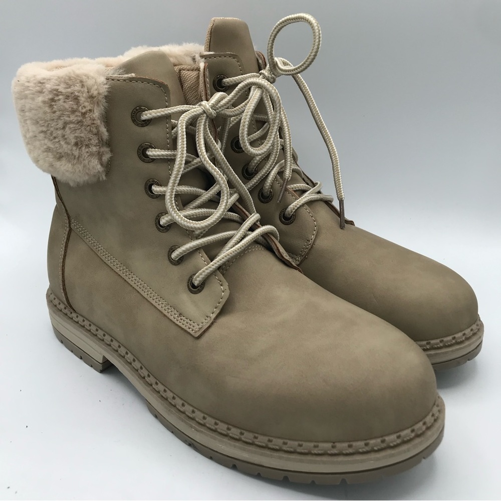 NWOB Dirty Laundry Women's 7.5 Alps Stone Tan Ankle Boots Lace Up Shoes Faux Fur